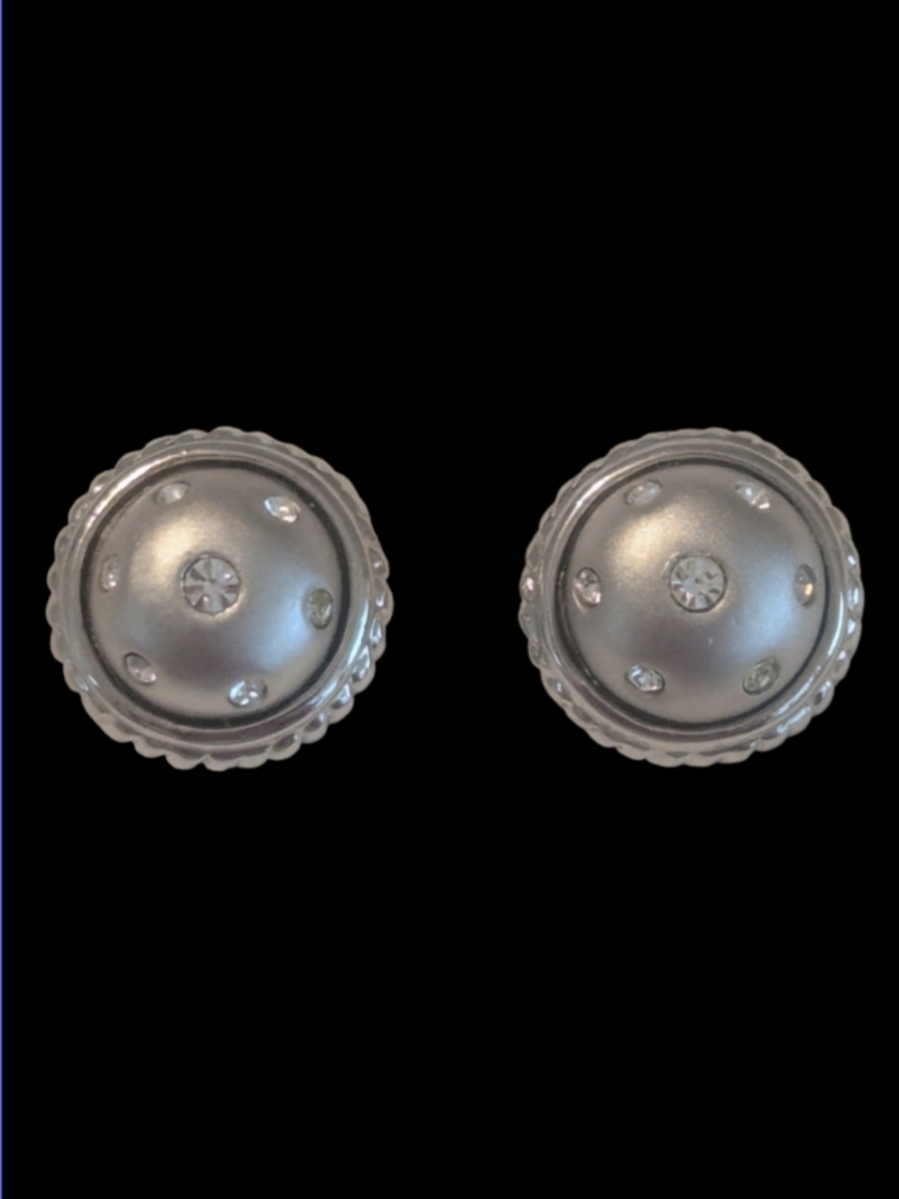 VTG Satin Silver Tone Domed Button w Rhinestones Rope Trim Stud Pierced Earrings